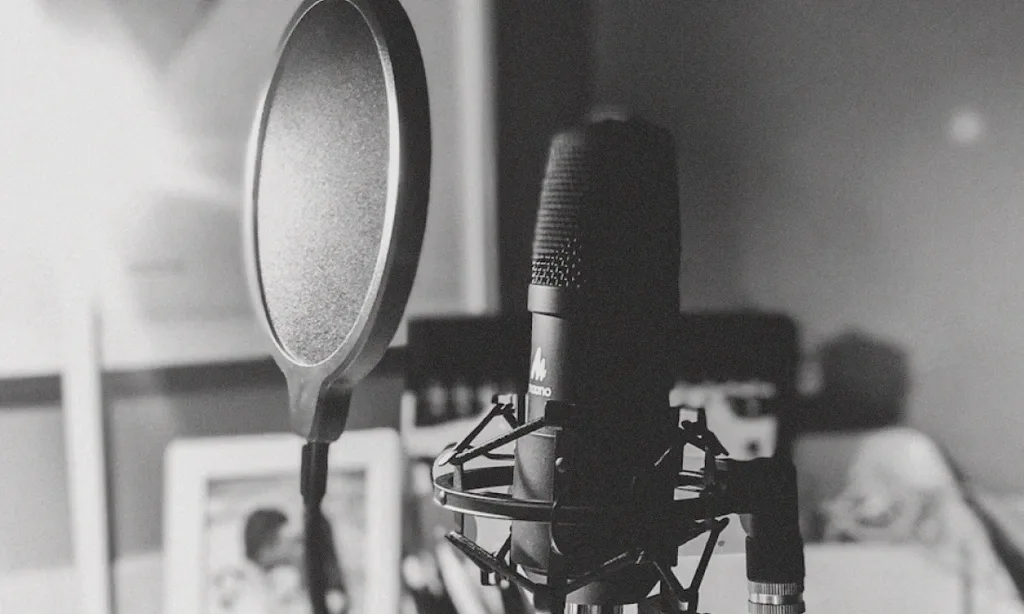 Black and white close-up of a studio microphone with pop filter